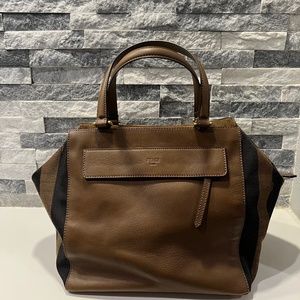 Fendi Brown Leather and Pequin Stripe Canvas Satchel